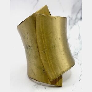 Wide Gold Tone Sculptural Cuff Bracelet Hinged Distressed Statement
